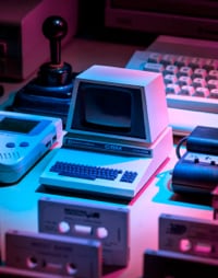 image of computer, keyboard and tapes in retro style